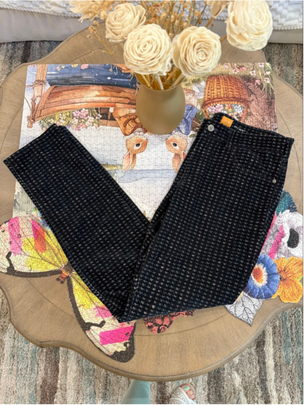 Women's Pilcro and the Letterpress Black Beige Plaid Straight Leg Pants Size 31